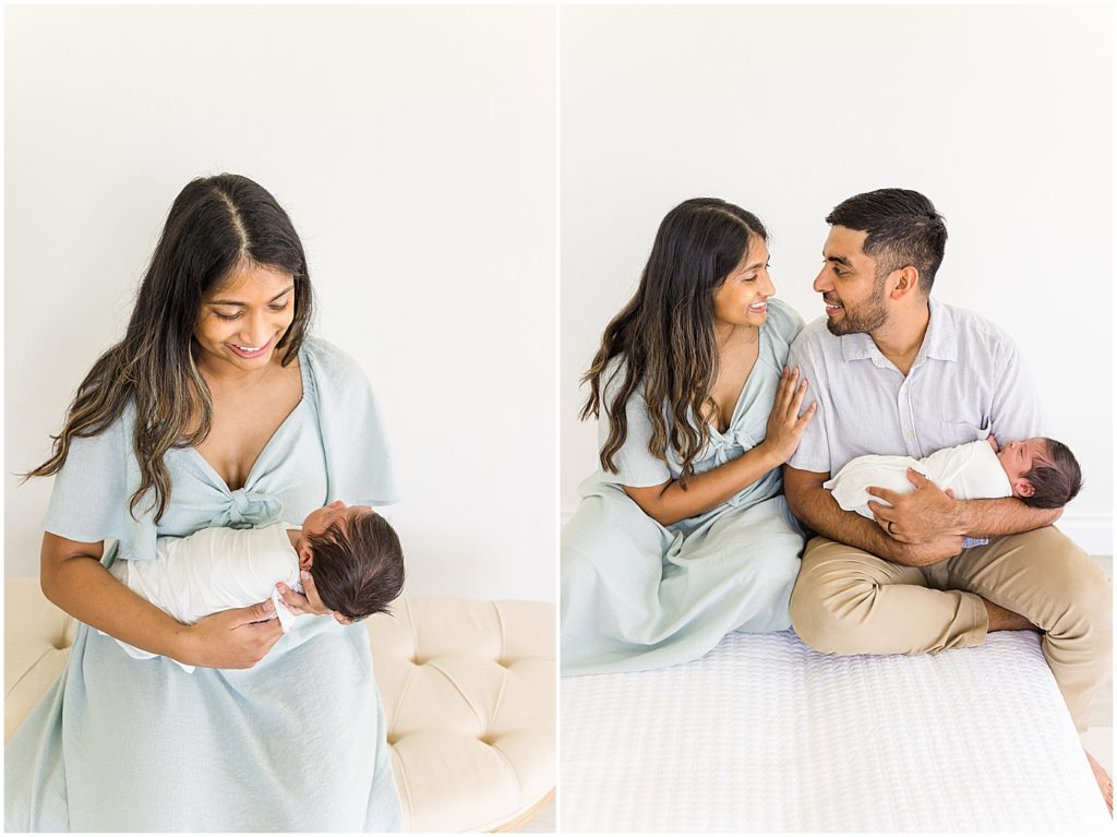 Mother holding baby and Family and baby sitting studio session Oklahoma Newborn Photographer