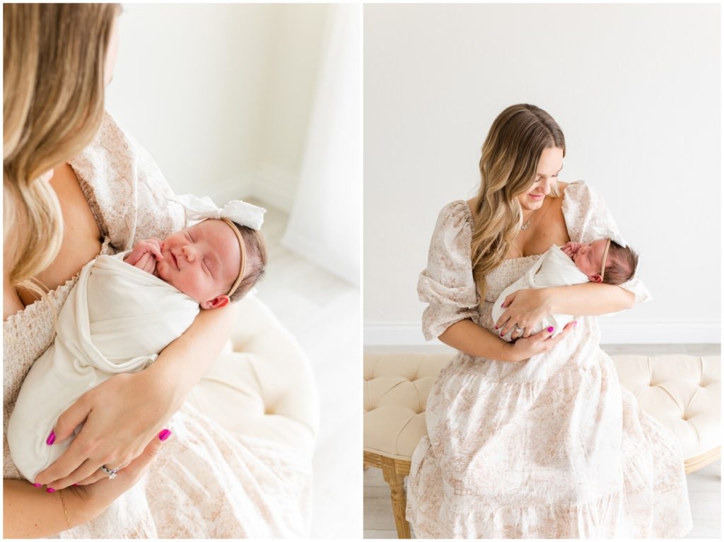 Newborn Photographer Edmond OK Mom holding swaddled baby girl