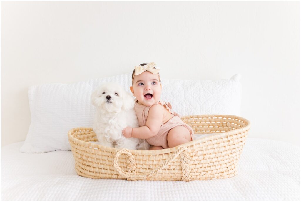 Baby with Dog in Basket in OKC Photography Studio