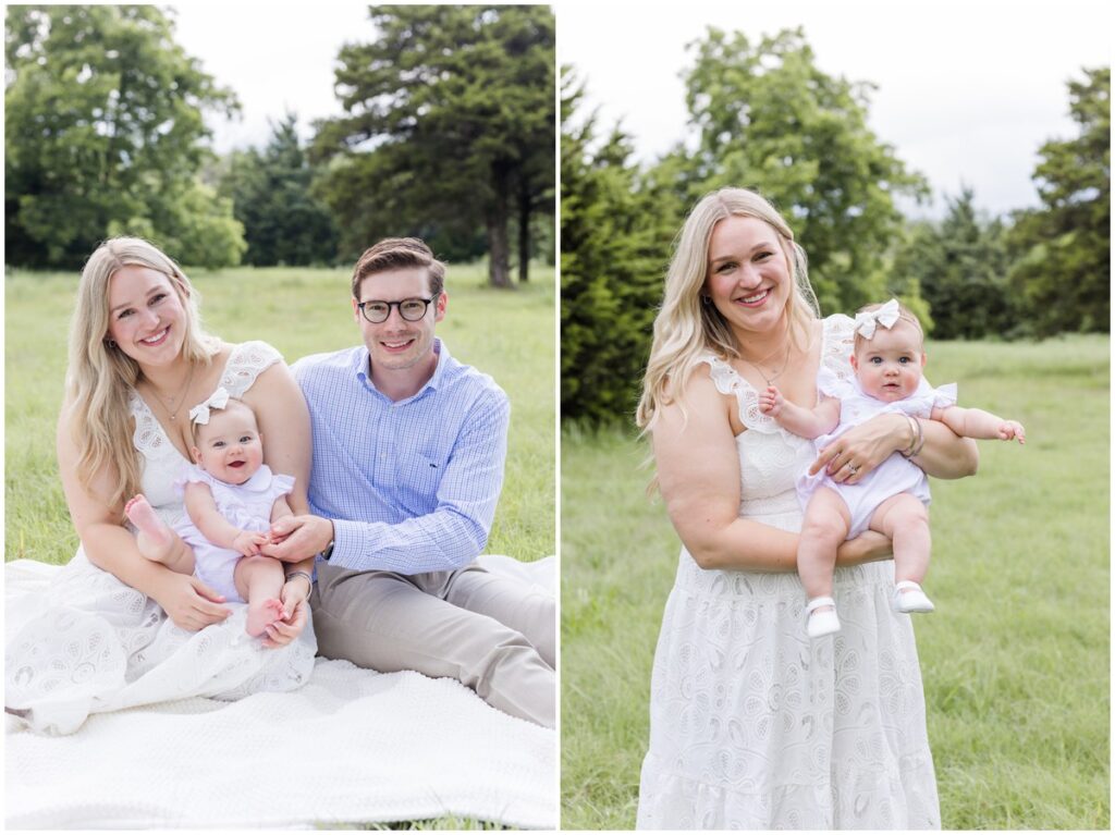 Edmond OK Photographer Family sitting outdoors smiling Mom and Baby