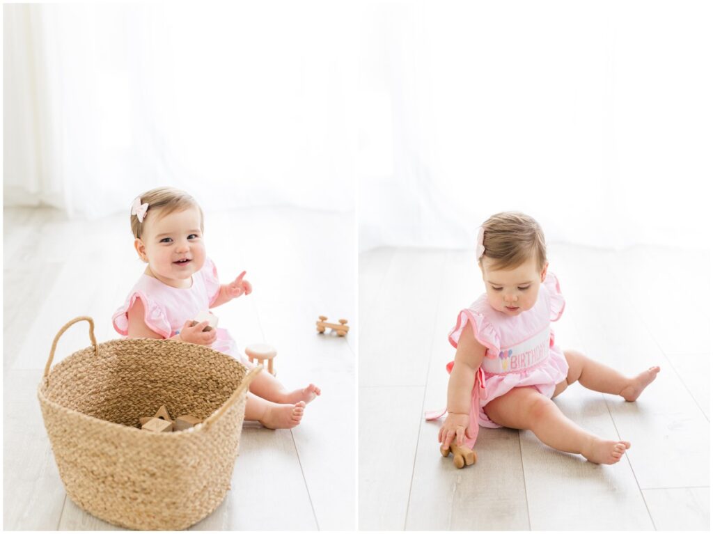 One year old photography OKC Baby girl sitting with a basket and wooden toys 